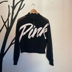 PINK black mesh cropped half zip workout top